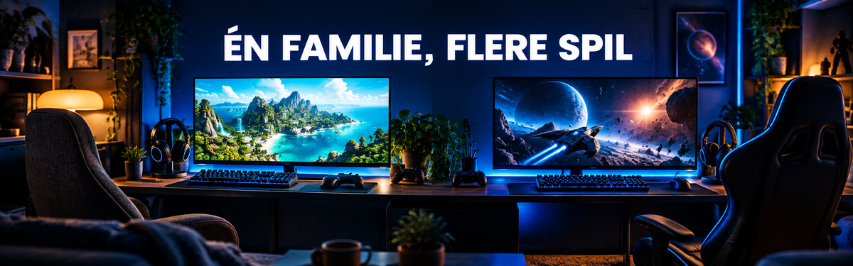 To separate gamingstationer med forskellige originale spilverdener under teksten Én familie, flere spil