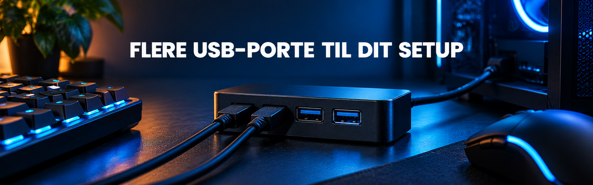 Sort USB-hub på et gamingbord med kabler, tastatur og blå belysning.