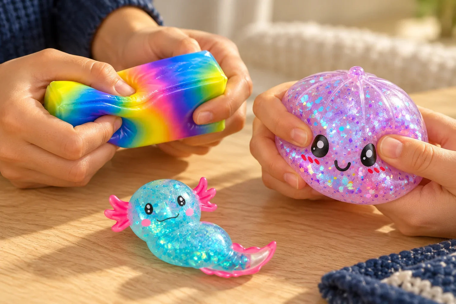Hænder klemmer Regnbue Butter Squishy og Glitter Dumpling med Sugar Axolotl på bordet – AI-genereret inspirationsbillede