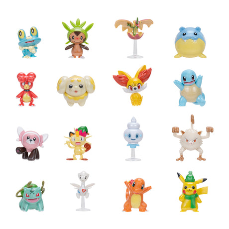 Pokémon-figurer fra adventskalenderen, herunder Pikachu, Squirtle og Charmander