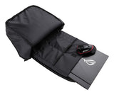 ASUS ROG BP1501G Holographic Edition sort rygsæk åben med computer og mus som illustration; udstyret medfølger ikke