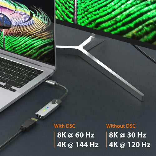 j5create USB-C til HDMI 2.1 – 8K-skærmadapter – Illustration af opløsninger med og uden DSC