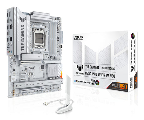 ASUS TUF Gaming B850-PRO WIFI7 W NEO – bundkort, emballage og antenne