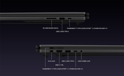 ASUS ROG Zephyrus Duo GX651AR-SR042W – detalje af tilslutninger; tastaturlayout illustrativt
