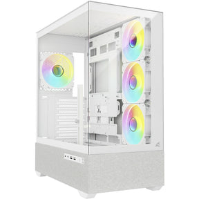 Hvidt Sharkoon AK7 ARGB med glasfront, glasside og tekstil nederst