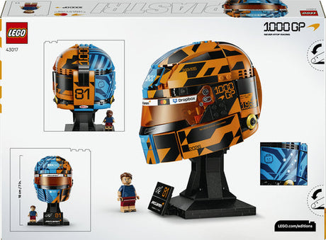 LEGO 43017 Oscar Piastri-hjelm – emballagens bagside med blå og orange hjelm