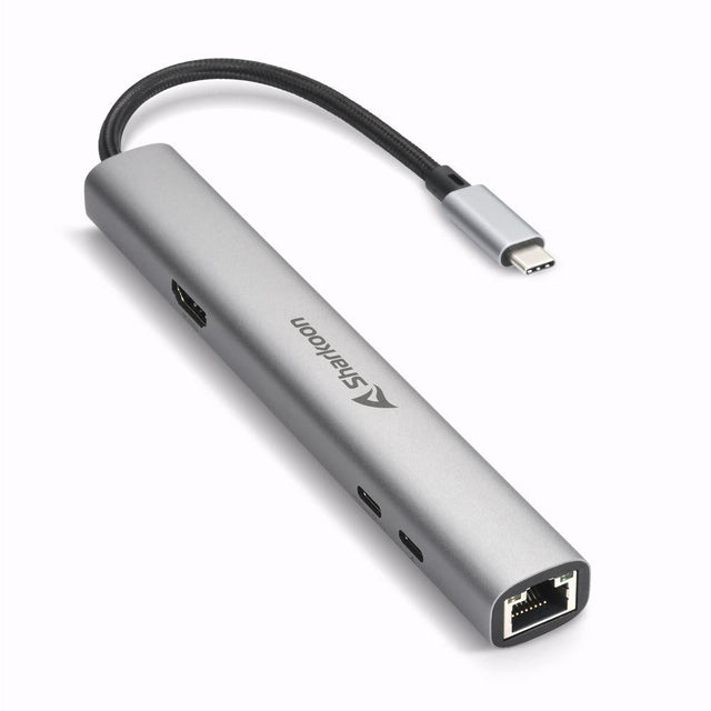 Mørkegrå Sharkoon OfficePal Combo USB-C-adapter med RJ45-netværksport