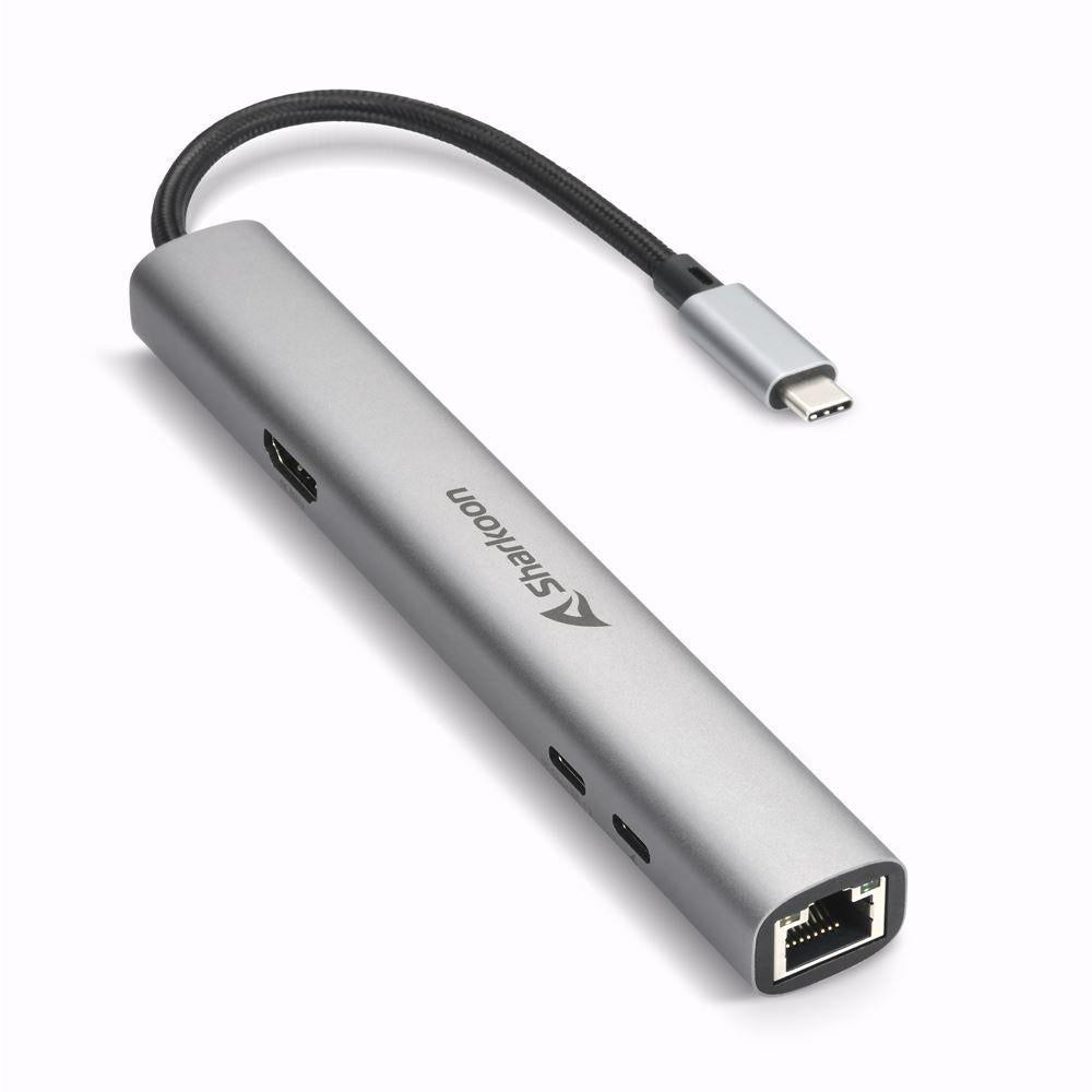 Sharkoon OfficePal Combo Adapter Dark Gray USB-C 10Gbps 4K 60Hz HDMI Gigabit Ethernet Power Delivery Docking Station Sharkoon