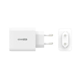 j5create 65 W GaN-oplader – 2×USB-C og USB-A – EU – Mål og stik illustreret