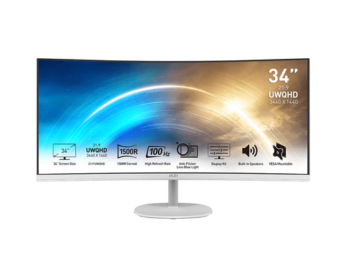 MSI PRO MP341CQWDE – 34″ skærm, 3440 × 1440, 100 Hz, hvid