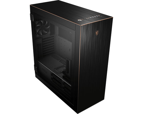 MSI MPG SEKIRA 500G – sort PC-kabinet – glasside og front i skrå vinkel