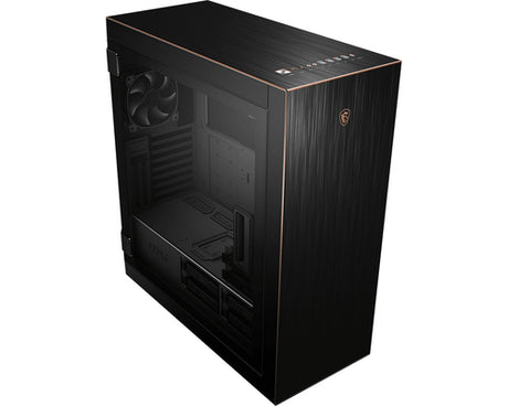 MSI MPG SEKIRA 500G – sort PC-kabinet – glasside og front i skrå vinkel