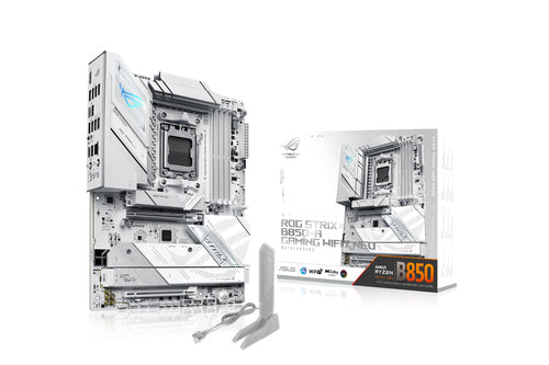 ASUS ROG STRIX B850-A GAMING WIFI7 NEO – bundkort, antenne og emballage