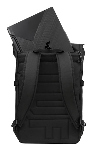 ASUS TUF Gaming VP4700 sort rygsæk bagfra med en bærbar computer i det åbne rum; computeren medfølger ikke