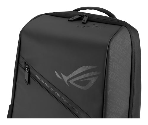 ASUS ROG Ranger 16 BP2501 rygsæk, sort – detalje af håndtag, lynlåse og logo