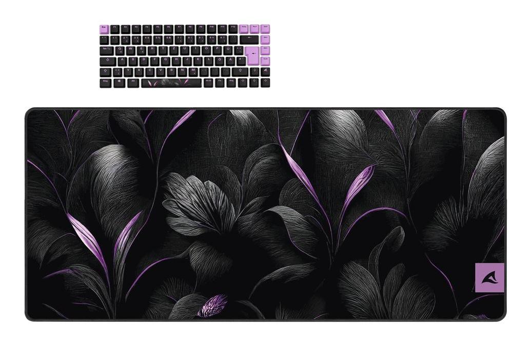 Sharkoon SGK50 S3 D2 keycaps og XXL musemåtte med sorte og lilla blomstermotiver