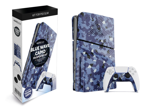 Maxx Tech PS5 Slim-cover og controllerfaceplate – Blue Wave Camo