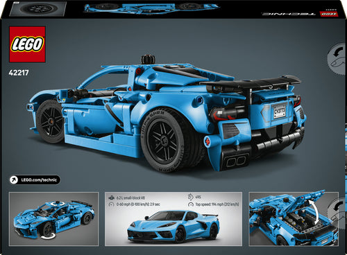 LEGO Technic 42217 – Chevrolet Corvette Stingray – Blå – æskens bagside med bilfunktioner