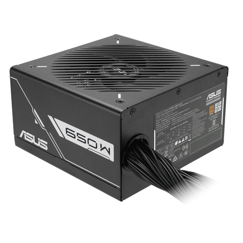 ASUS PRIME-650B-BLACK – blæsergitter, teknisk mærkat og kabelbundt