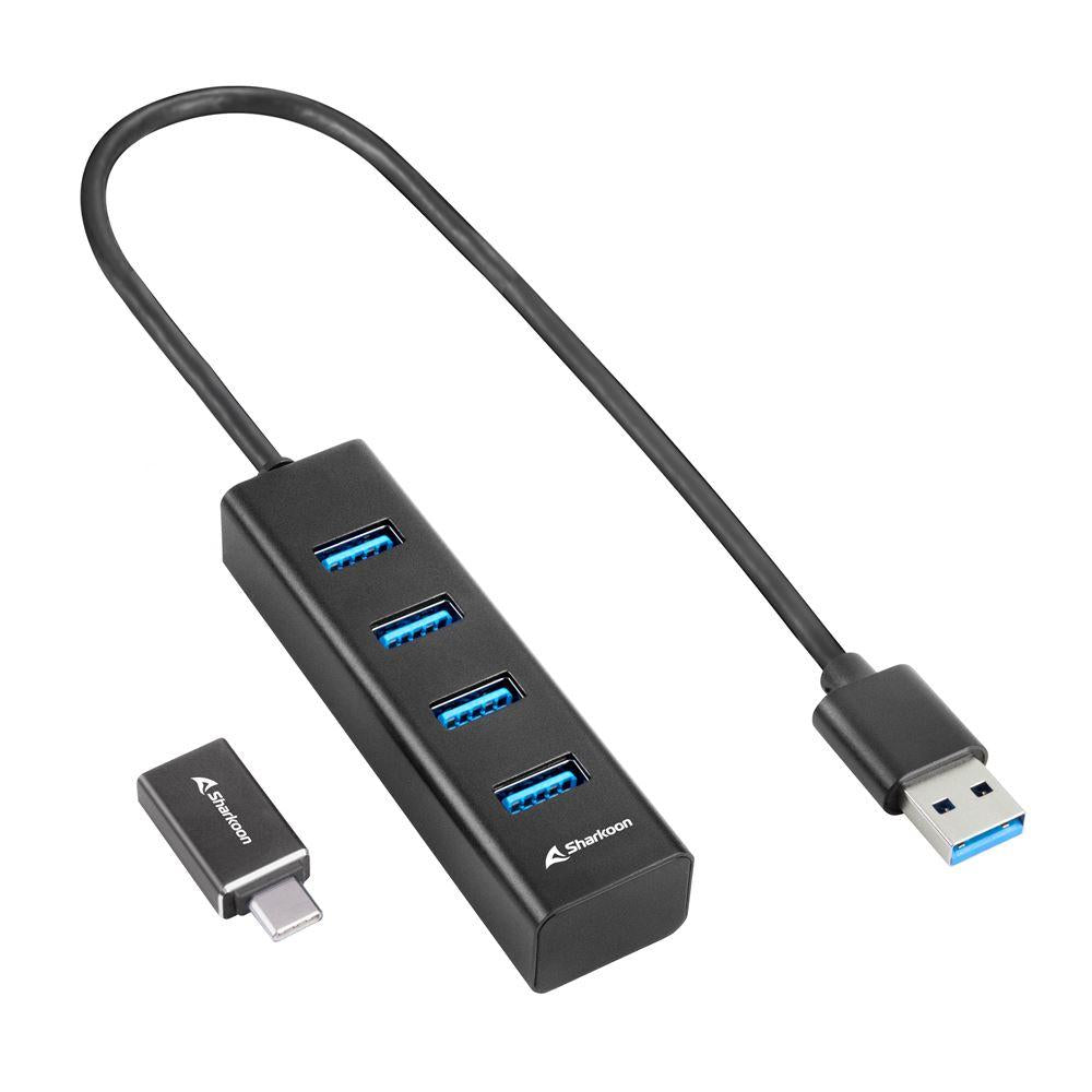 Sort Sharkoon USB-hub med fire porte og USB-C-adapter