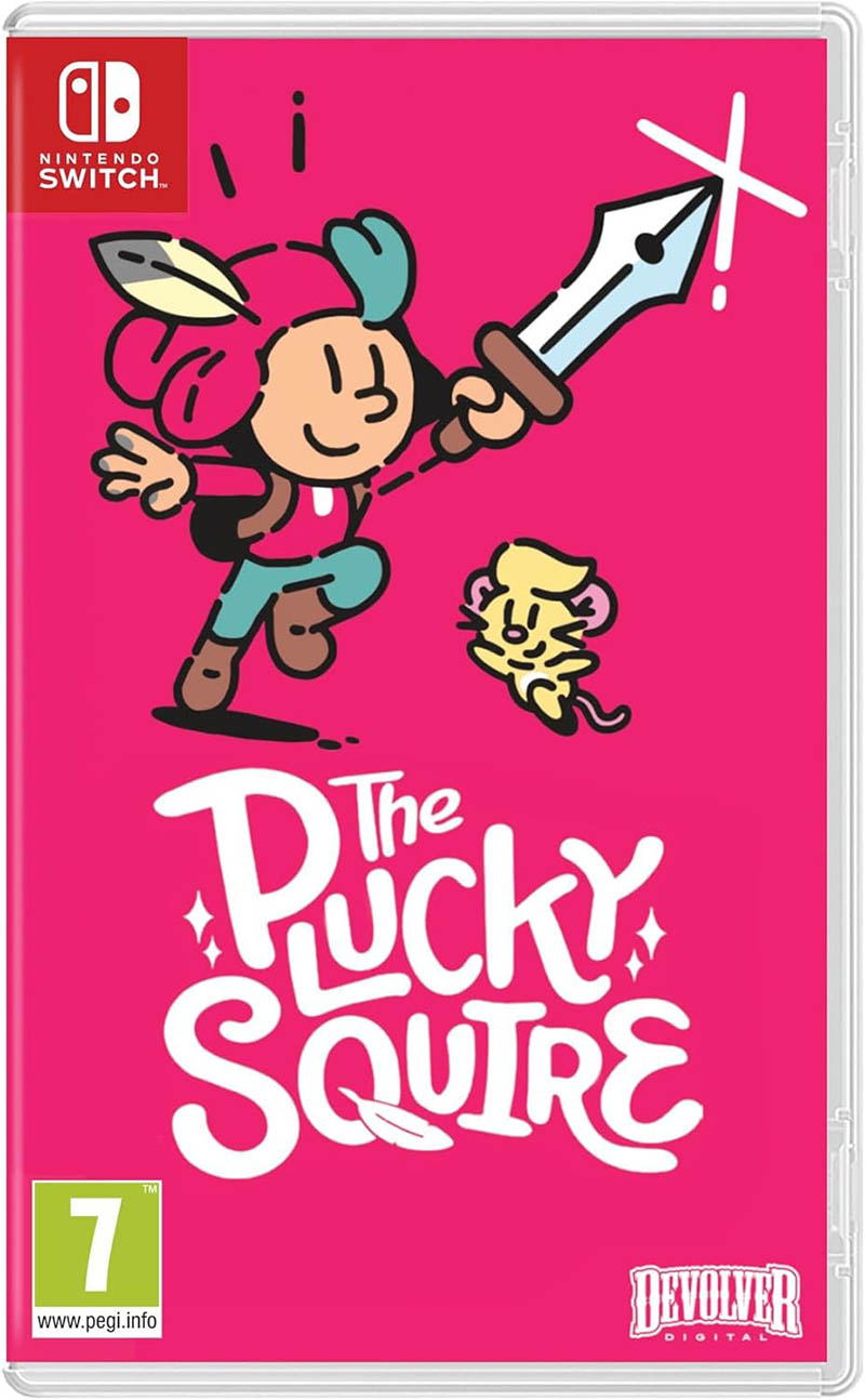 The Plucky Squire Nintendo Switch-cover med figur og sværd på pink baggrund