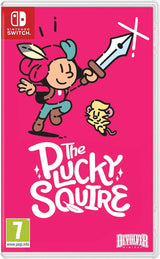 The Plucky Squire Nintendo Switch-cover med figur og sværd på pink baggrund