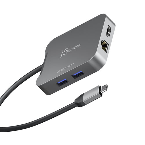 j5create JCD3191-N – 4K60 USB-C-rejseadapter – 10 Gbit/s – grå USB-C-rejseadapter med porte