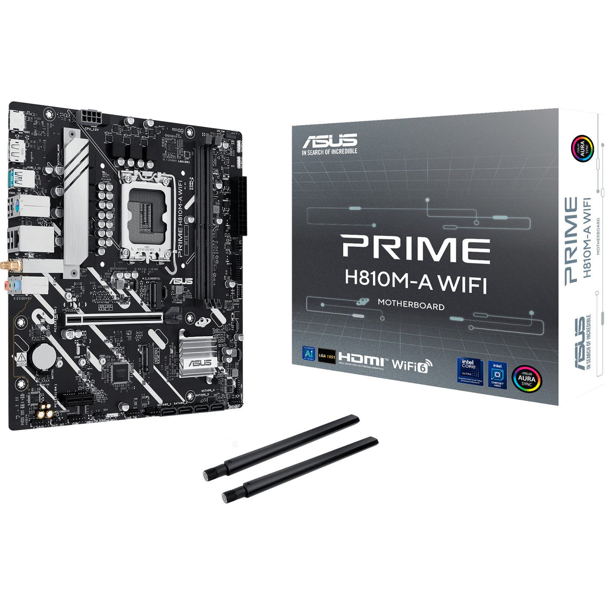 ASUS PRIME H810M-A WIFI – bundkort, Wi-Fi-antenne og emballage