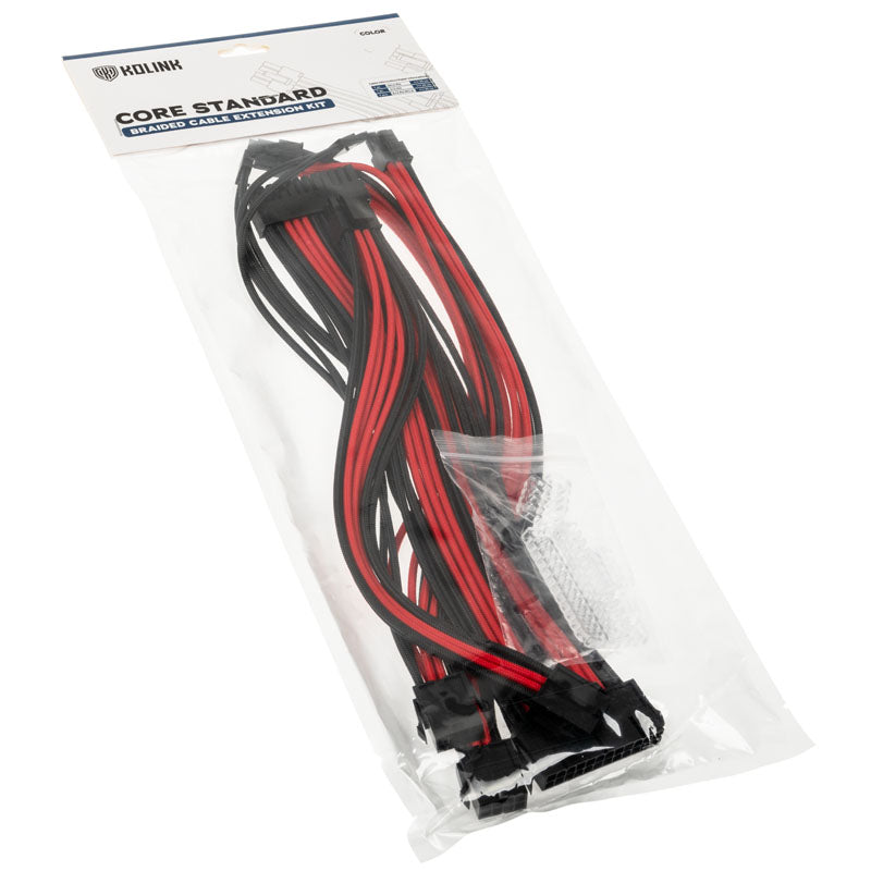 Kolink Core Standard Braided Cable Extension Kit - Jet Black/Racing Red  - 2x 6+2pin, 1x 4+4pin, 1x 20-4pin