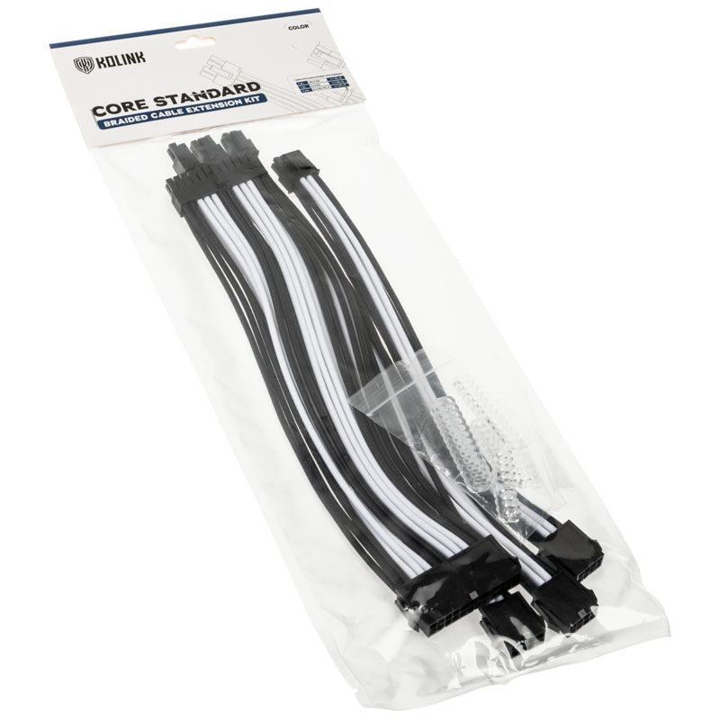 Kolink Core Standard Braided Cable Extension Kit - Jet Black/Brilliant White  - 2x 6+2pin, 1x 4+4pin, 1x 20-4pin