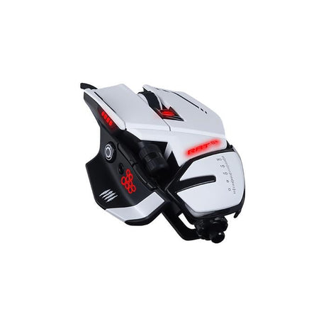 Hvid Mad Catz R.A.T. 6+ gamingmus set skråt forfra