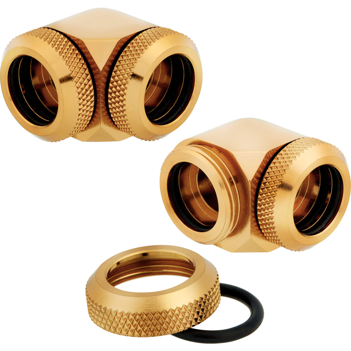 CORSAIR Hydro X Series XF Hardline 90° 14mm OD Vinklet fitting til flydende kølesystem 2-pack Guld