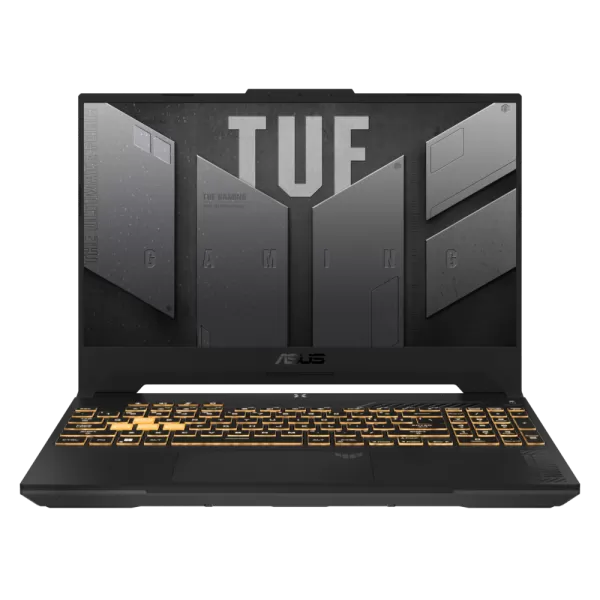 ASUS TUF Gaming F17 i Mecha Gray set forfra med åbent låg