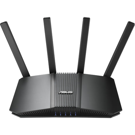 ASUS RT-BE58U – sort router med fire antenner set skråt forfra