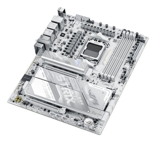ASUS ROG STRIX X870E-A GAMING WIFI7 NEO – ATX AM5 bundkort – skråt ovenfra med afdækning fjernet