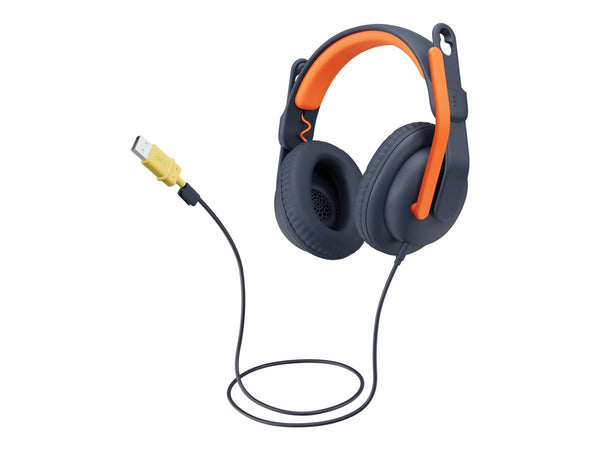 Logitech Zone Learn trådbundet over-ear-headset för elever, USB-C-kabelhörlurar svarta orange