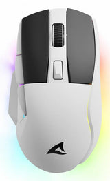Hvid Sharkoon SKILLER SGM50W gamingmus med sort top og RGB-lys langs undersiden
