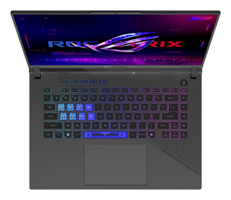 ASUS ROG Strix G16 G614FP-S5062W – taster og arbejdsflade set ovenfra; tastaturlayout illustrativt