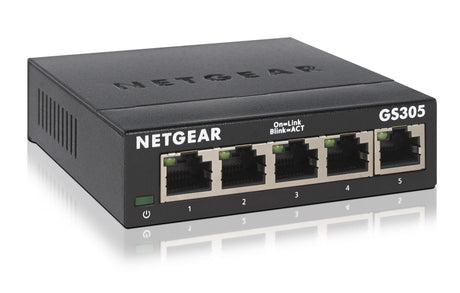 NETGEAR GS305 Gigabit-switch – med fem netværksporte, set skråt