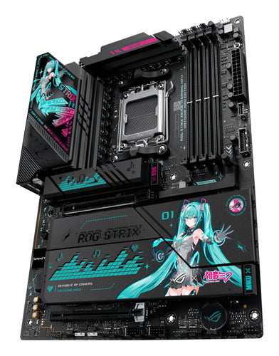 ASUS ROG STRIX X870E-H GAMING WIFI7 Hatsune Miku Edition – AM5 bundkort – skråt ovenfra