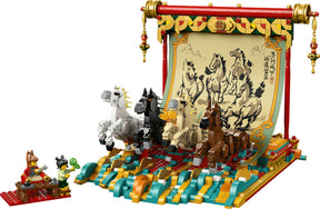 LEGO 80119 – galopperende heste foran lærredet og scenen med to minifigurer