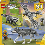 LEGO Creator 3-i-1 31393 – Skovens dyr: Grå ulv – æskens bagside med de tre alternative dyremodeller