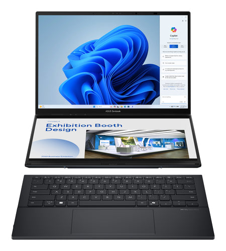 ASUS Zenbook Duo UX8406CA-QL331W – set forfra (vinkel 3); tastaturlayout illustrativt