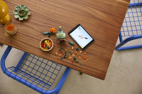 LEGO Botanicals 10368 – Krysantemum – byggeprocessen set ovenfra med klodser og tablet