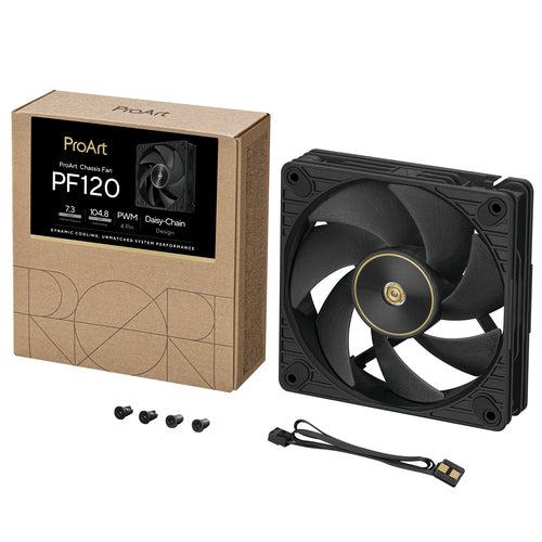 ASUS ProArt PF120 sort – emballage, blæser, kabel og skruer