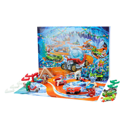 Hot Wheels julekalender 2026 – 10 biler og tilbehør – JLG41 – udfoldet kalender med biler og tilbehør