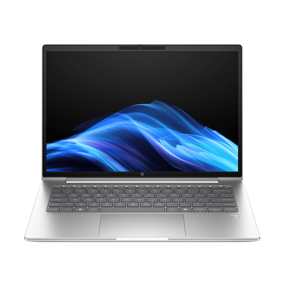 HP ProBook 4 G1i 14 – Ultra 7 255U, 32 GB, 1 TB – DE – sølvfarvet ProBook set forfra, illustrativt tastaturlayout