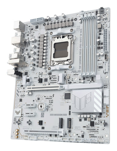 ASUS TUF Gaming B850-PRO WIFI7 W NEO – bundkort set skråt fra venstre