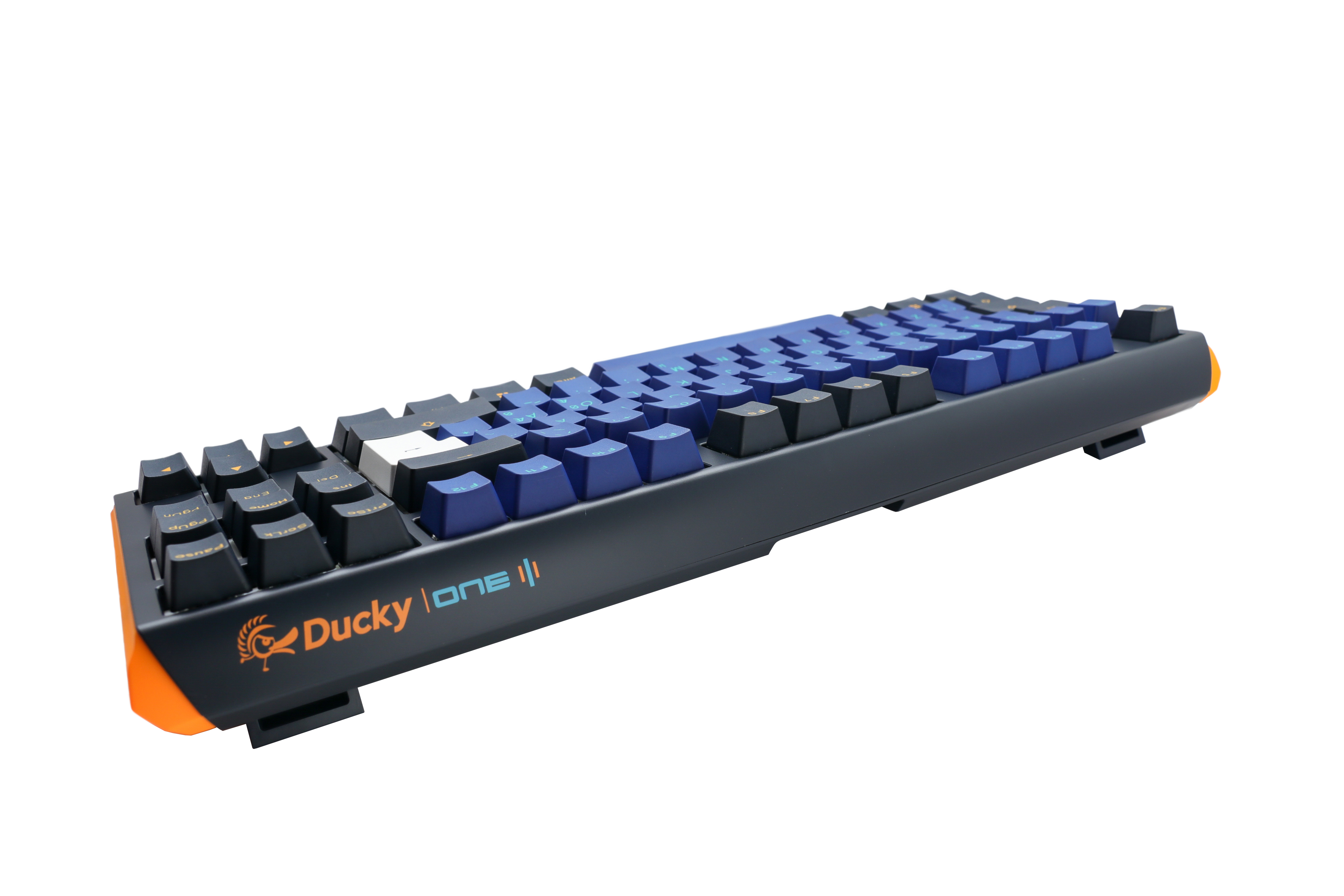 Side view of a Ducky One 3 - Horizon Nordic - TKL - Cherry Blue mechanical keyboard, featuring an orange accent on the space bar and vibrant blue PBT keycaps on a white background.