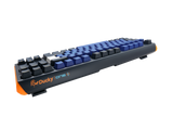 Side view of a Ducky One 3 - Horizon Nordic - TKL - Cherry Blue mechanical keyboard, featuring an orange accent on the space bar and vibrant blue PBT keycaps on a white background.